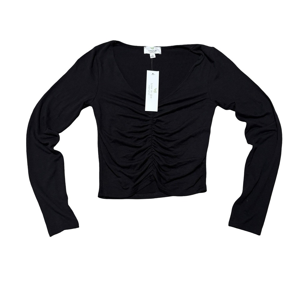 Live in the Moment Women's Ruched Front Deep V Neck Long Sleeve Top XS 13 x 17